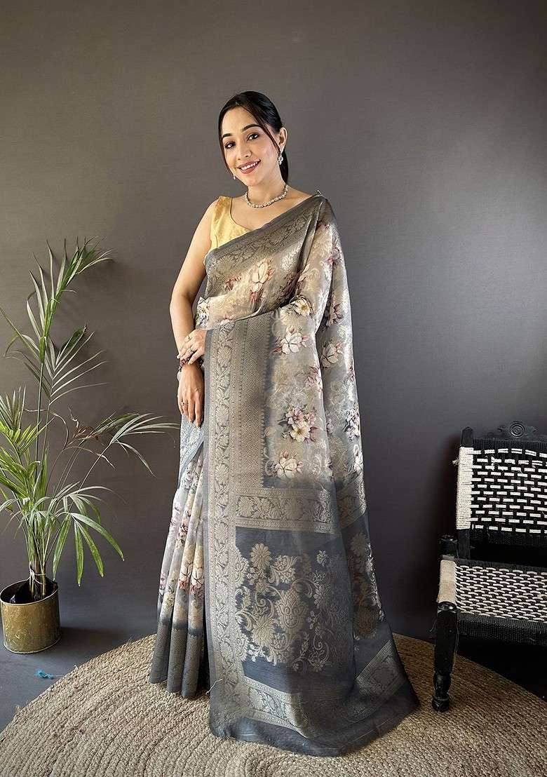 Grey Embroidered Blended Saree Set for Diwali and Festive Wear - Indya