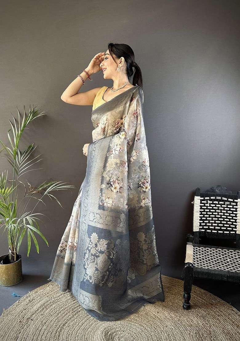 Grey Embroidered Blended Saree Set for Diwali and Festive Wear - Indya