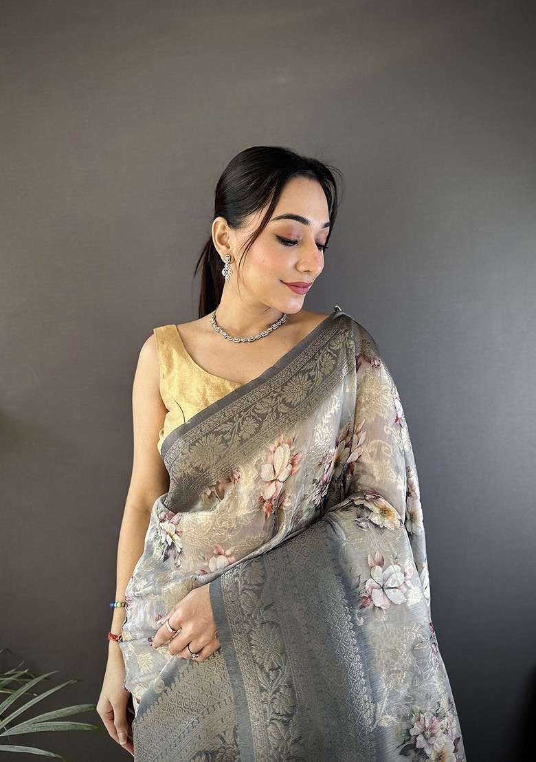Grey Embroidered Blended Saree Set for Diwali and Festive Wear - Indya