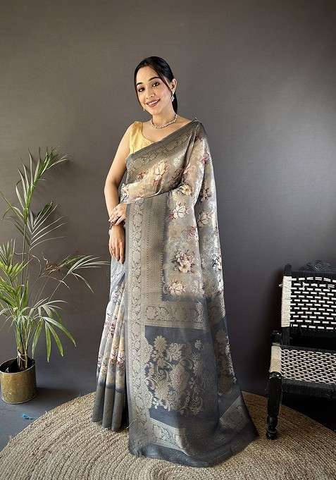 Grey Embroidered Blended Saree Set for Diwali and Festive Wear