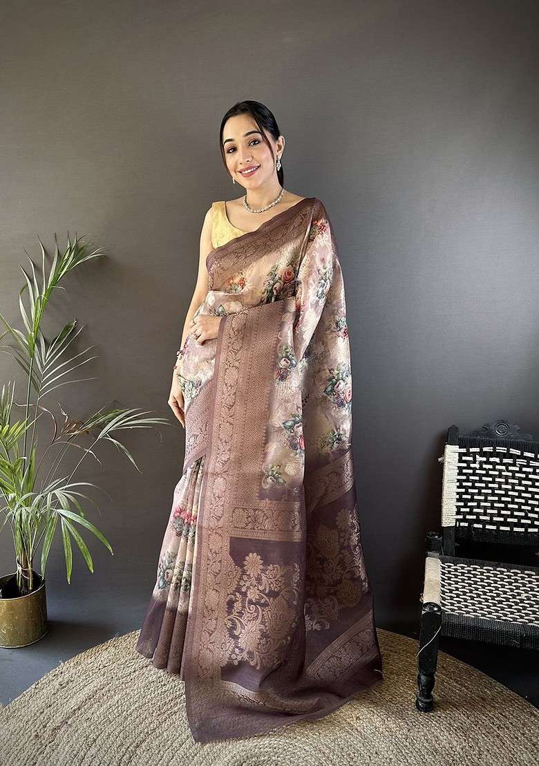 Brown Embroidered Blended Saree Set for Diwali and Festive Wear - Indya