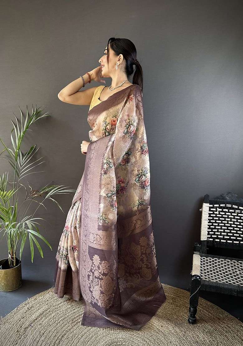 Brown Embroidered Blended Saree Set for Diwali and Festive Wear - Indya