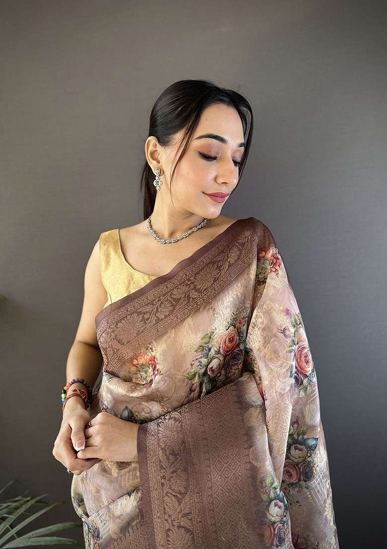 Brown Embroidered Blended Saree Set for Diwali and Festive Wear - Indya