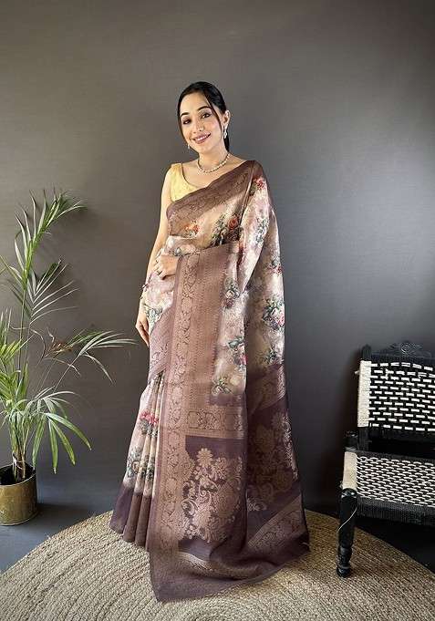 Brown Embroidered Blended Saree Set for Diwali and Festive Wear