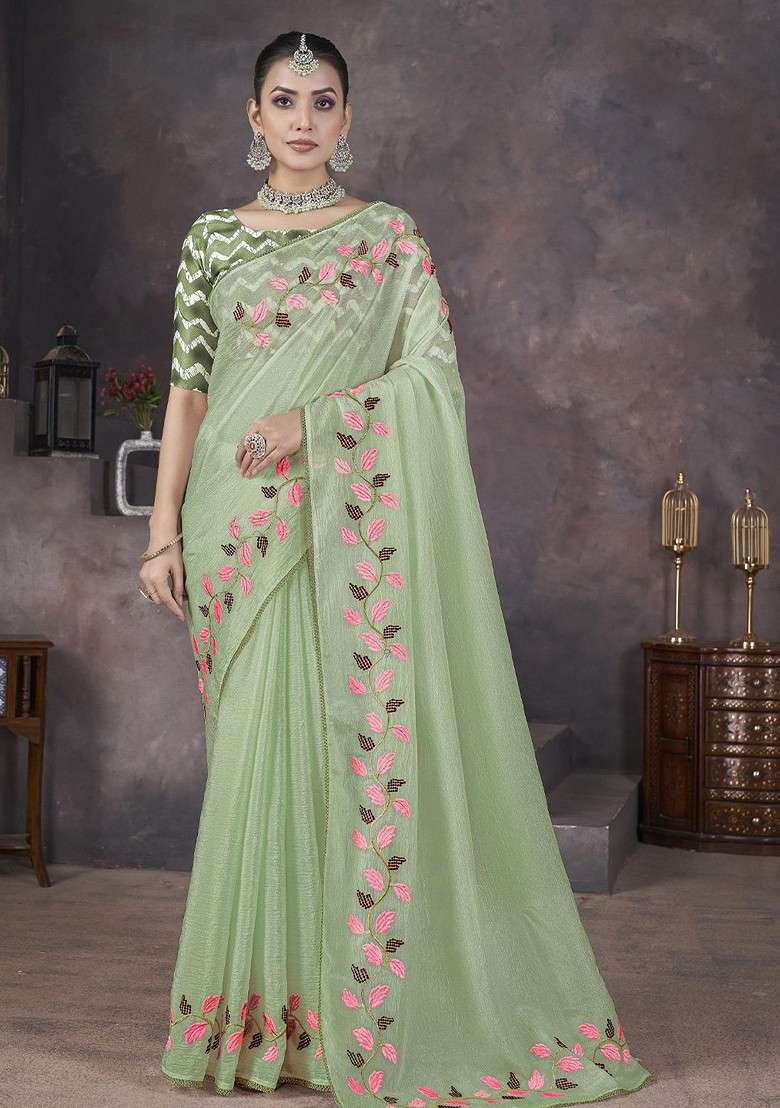 Green Embroidered Blended Saree Set for Diwali and Festive Wear - Indya