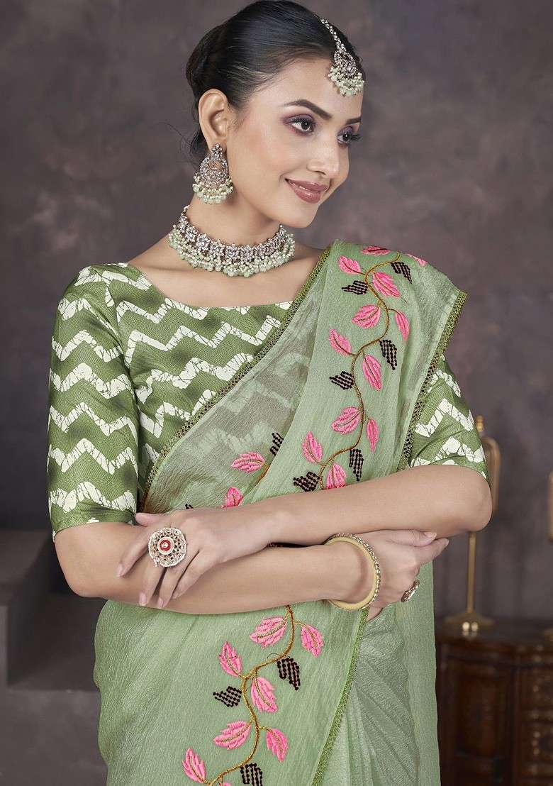 Green Embroidered Blended Saree Set for Diwali and Festive Wear - Indya