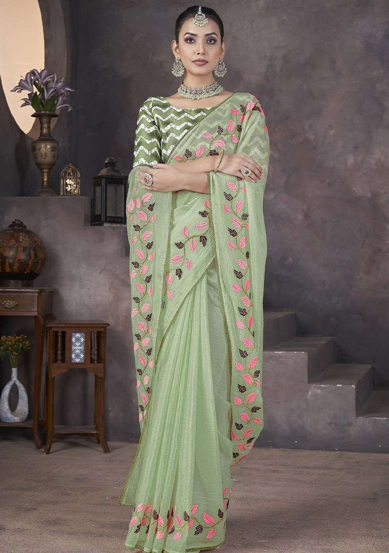 Green Embroidered Blended Saree Set for Diwali and Festive Wear - Indya