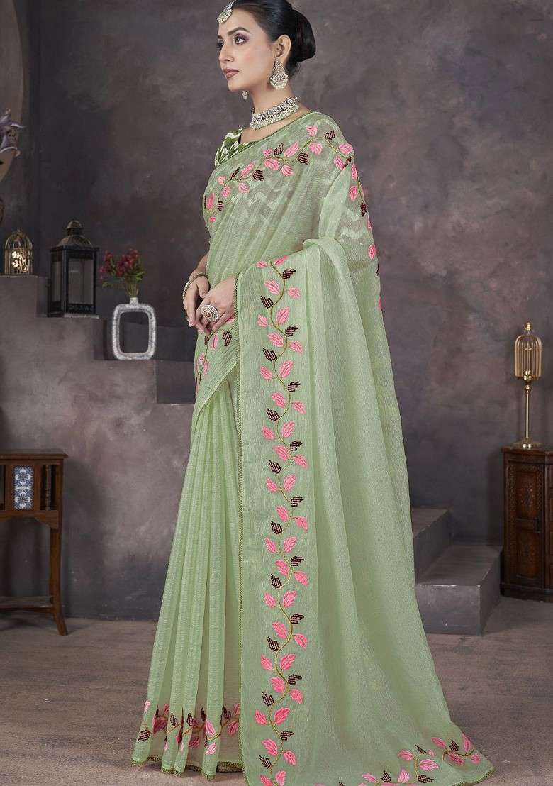 Green Embroidered Blended Saree Set for Diwali and Festive Wear - Indya