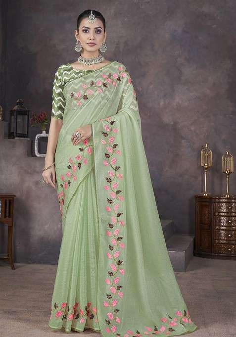 Green Embroidered Blended Saree Set for Diwali and Festive Wear