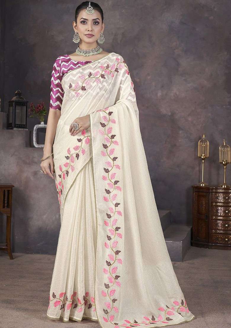 White Blended Saree Set with Embroidered for Diwali | Wedding & Festive Wear - Indya