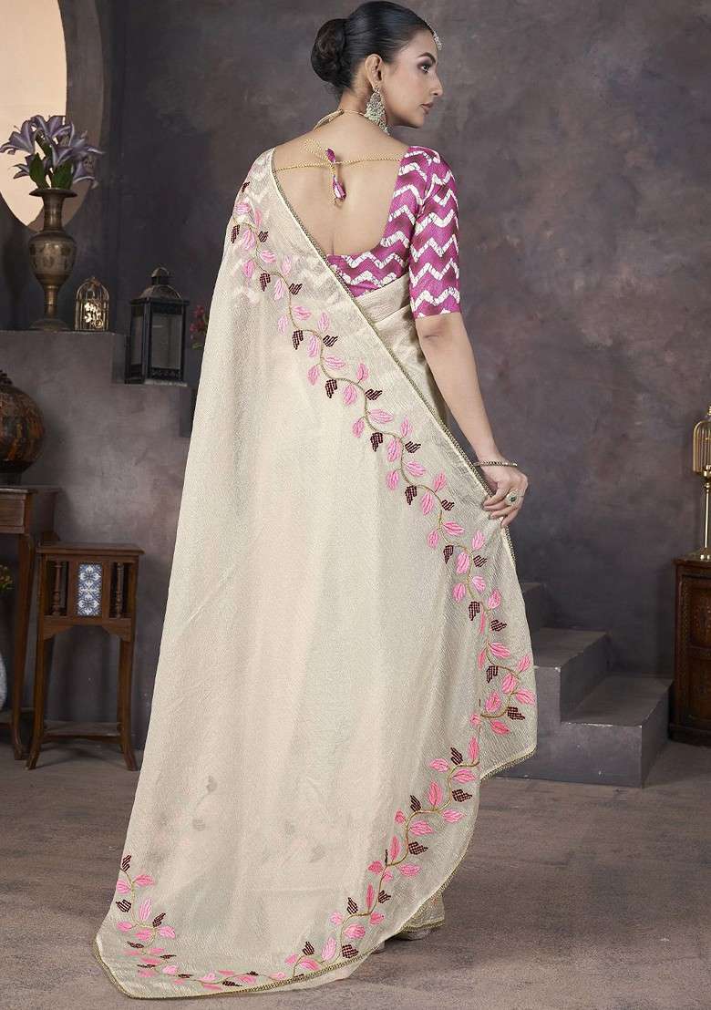 White Blended Saree Set with Embroidered for Diwali | Wedding & Festive Wear - Indya