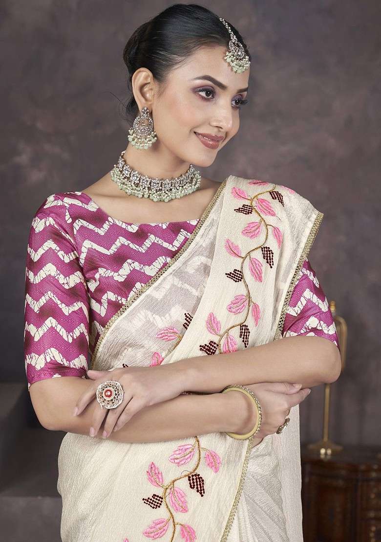 White Blended Saree Set with Embroidered for Diwali | Wedding & Festive Wear - Indya