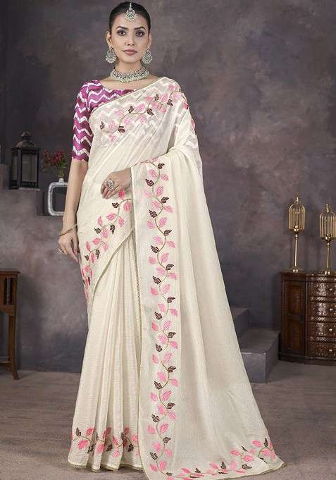 White Blended Saree Set with Embroidered for Diwali | Wedding & Festive Wear