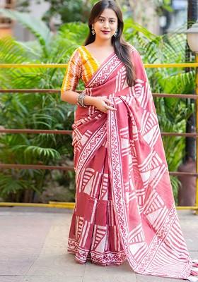 Pink Embroidered Blended Saree Set