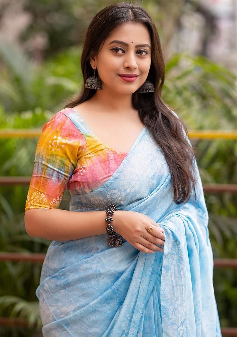 Blue Embroidered Blended Saree Set - Indya