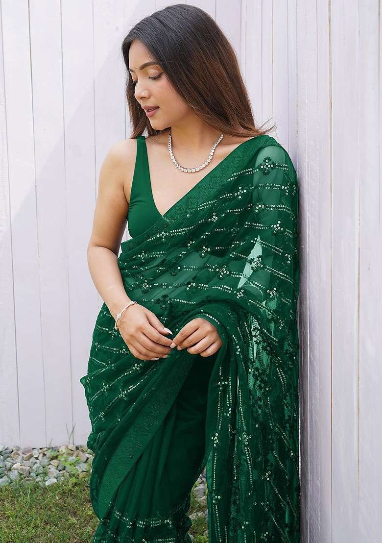 Green Blended Saree Set with Embroidered for Diwali | Wedding & Festive Wear - Indya