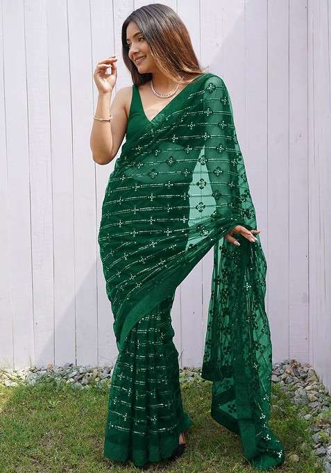 Green Blended Saree Set with Embroidered for Diwali | Wedding & Festive Wear