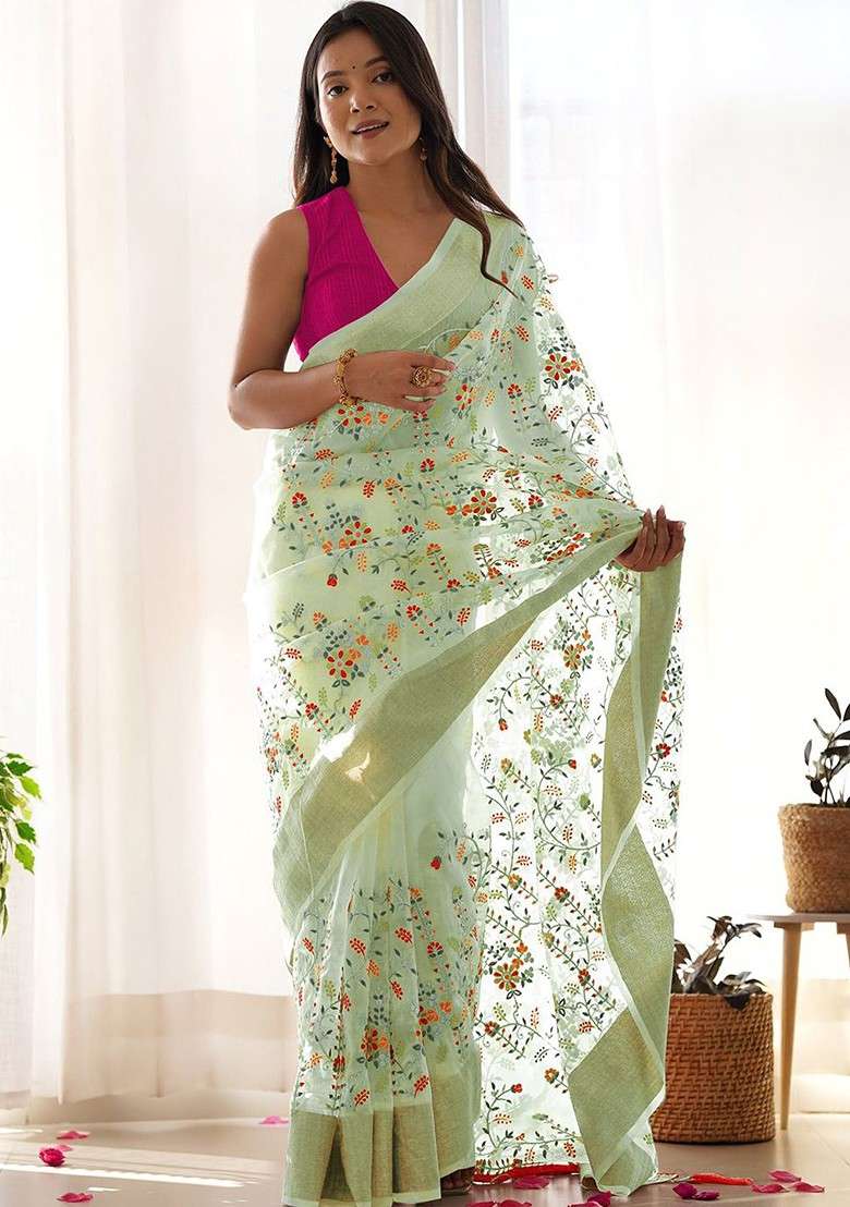 Green Blended Saree Set with Embroidered for Diwali | Wedding & Festive Wear - Indya