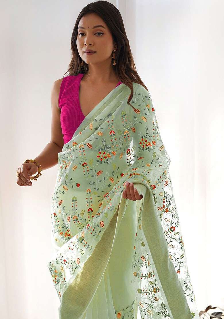 Green Blended Saree Set with Embroidered for Diwali | Wedding & Festive Wear - Indya