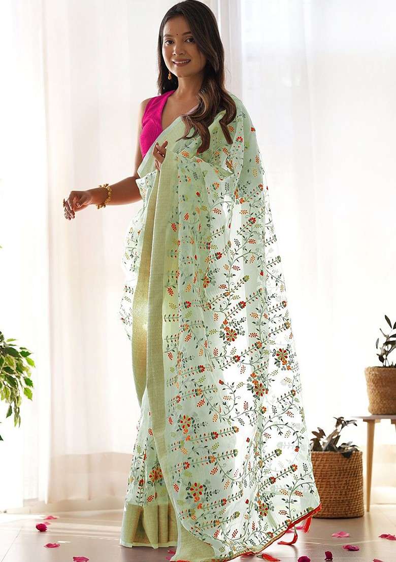 Green Blended Saree Set with Embroidered for Diwali | Wedding & Festive Wear - Indya