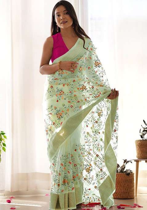 Green Blended Saree Set with Embroidered for Diwali | Wedding & Festive Wear