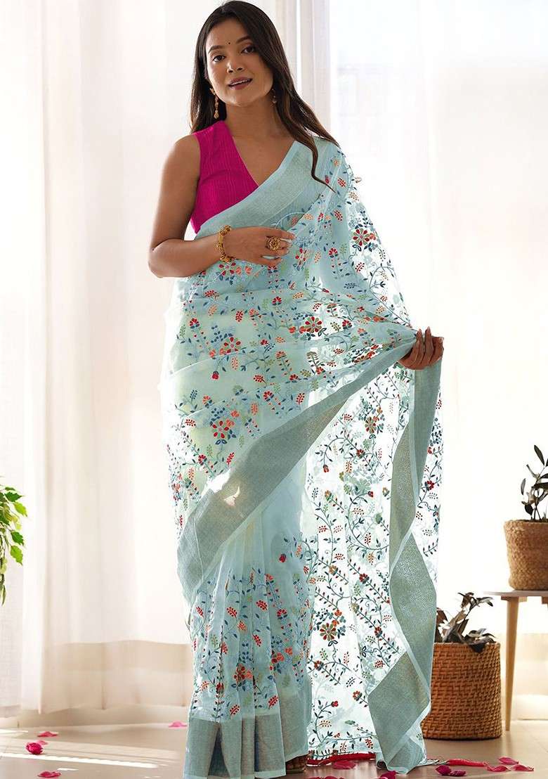 White Embroidered Blended Saree Set for Diwali and Festive Wear - Indya