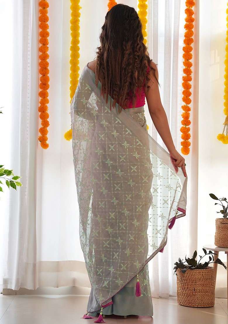 Grey Embroidered Blended Saree Set for Diwali and Festive Wear - Indya