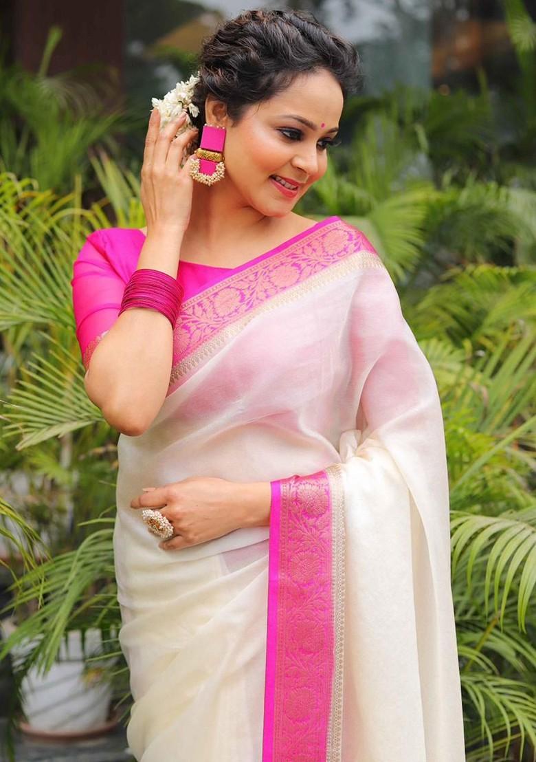 White Embroidered Blended Saree Set - Indya