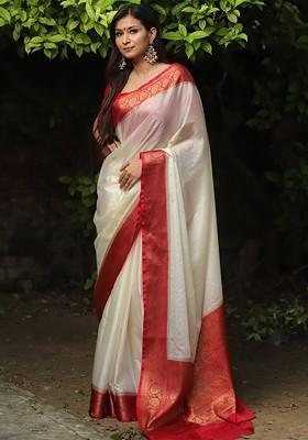 Cream Zari Printed Blended Saree Set