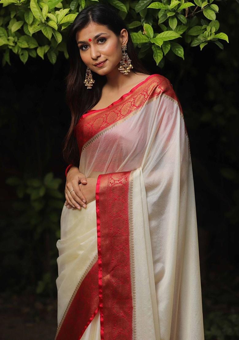 Cream Zari Printed Blended Saree Set - Indya