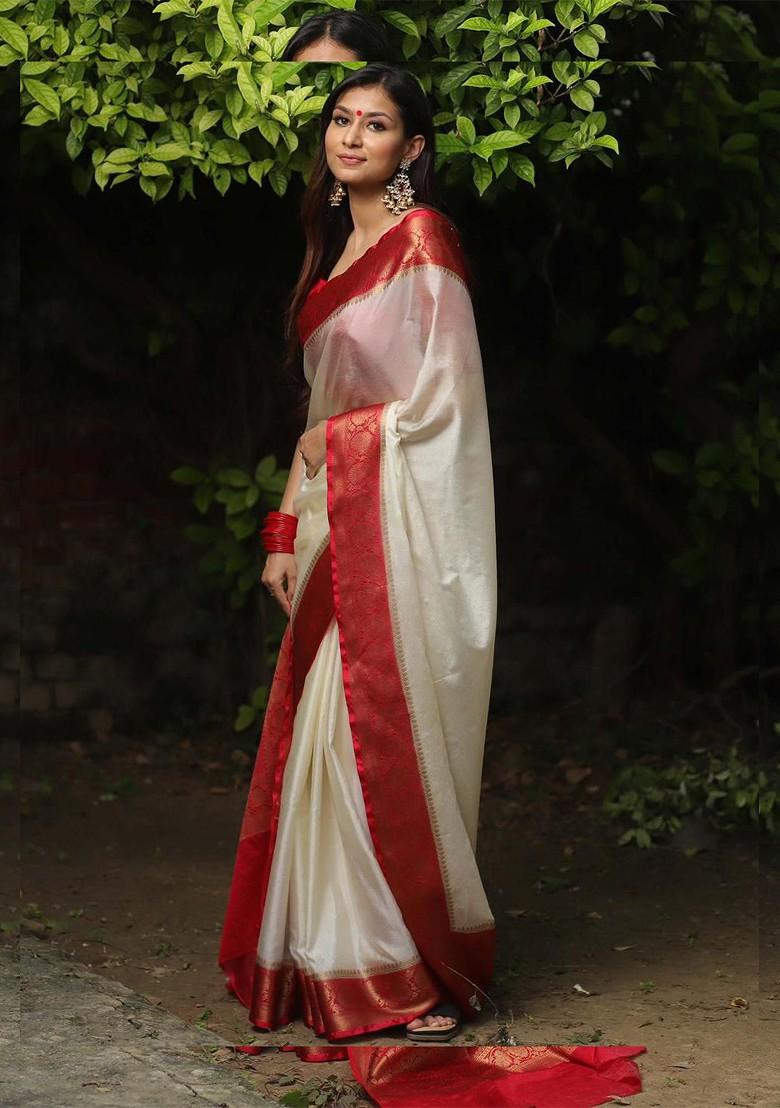 Cream Zari Printed Blended Saree Set - Indya