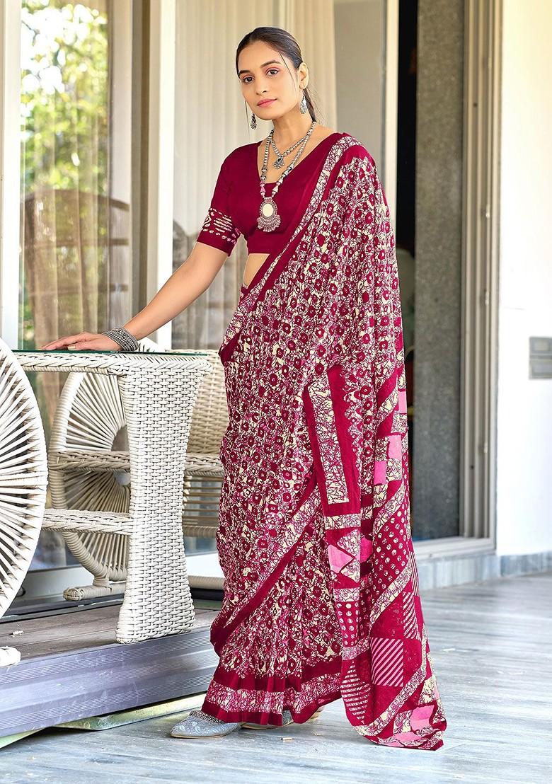 Maroon Printed Blended Saree Set