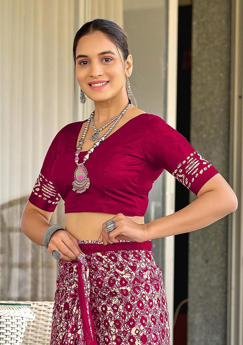 Maroon Printed Blended Saree Set