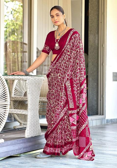 Maroon Printed Blended Saree Set
