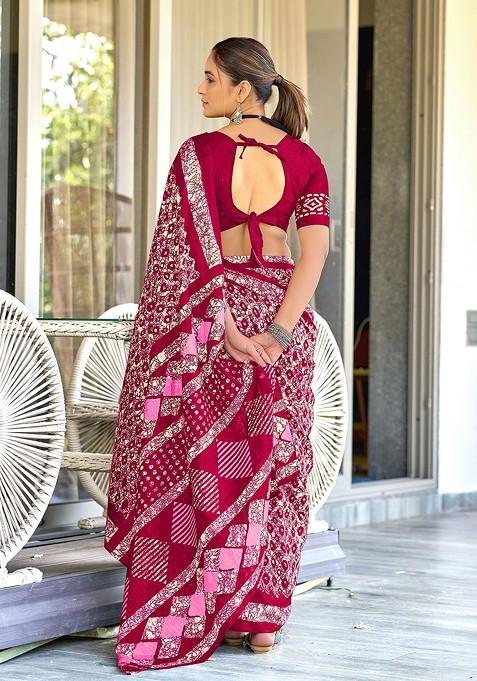 Maroon Printed Blended Saree Set