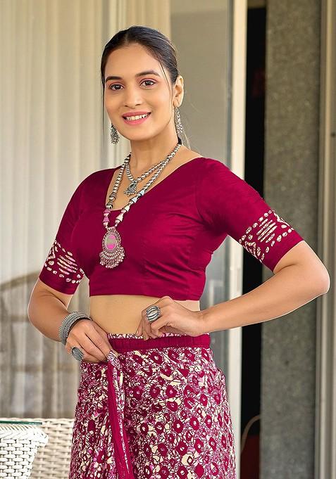 Maroon Printed Blended Saree Set