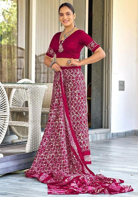 Maroon Printed Blended Saree Set