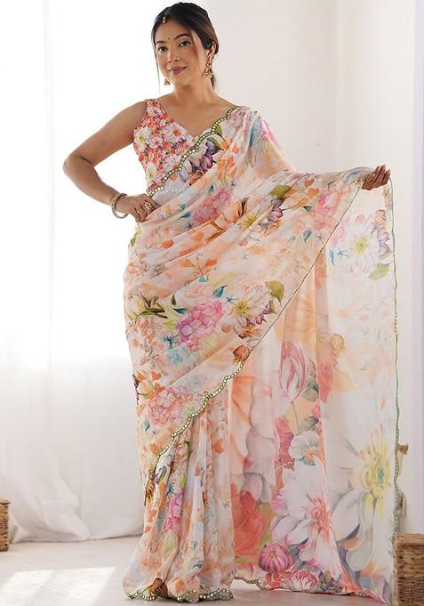 Peach Floral Print Blended Saree Set — view on Indya