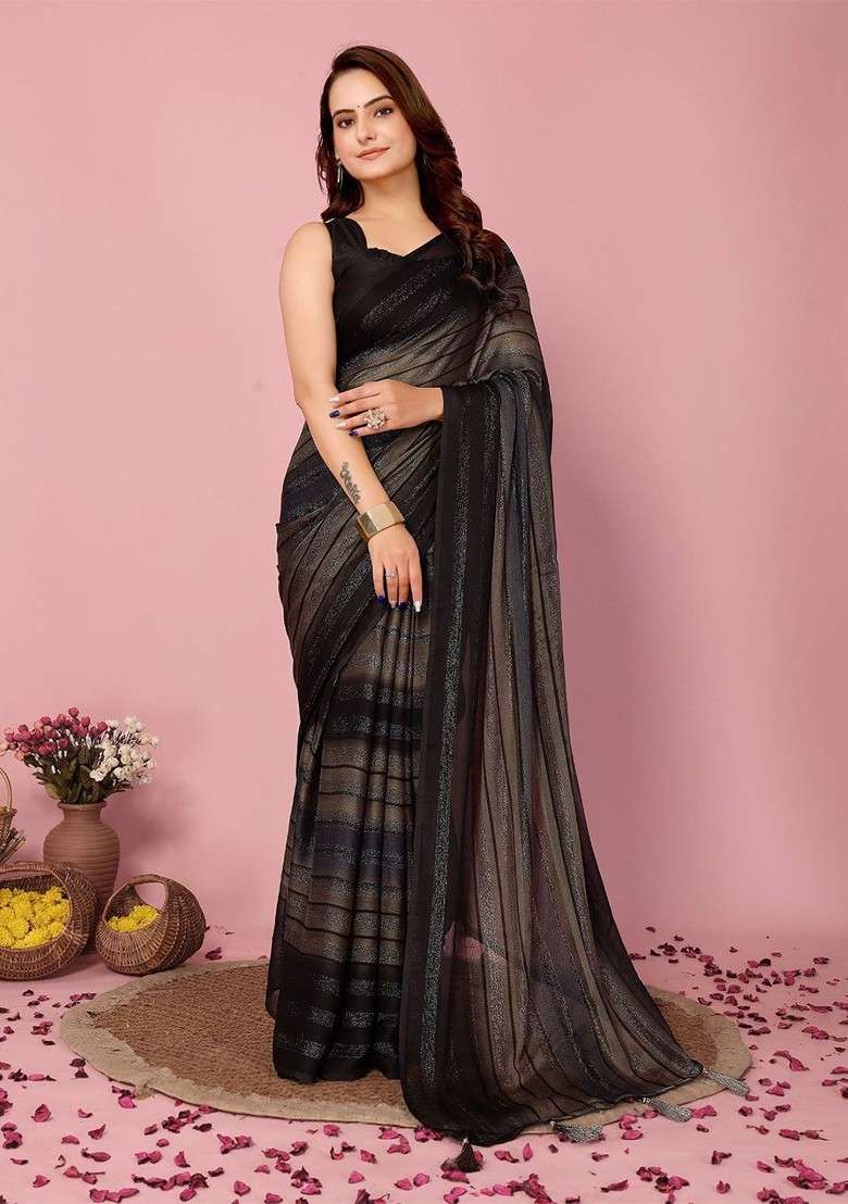 Grey Embroidered Blended Saree Set for Diwali and Festive Wear - Indya