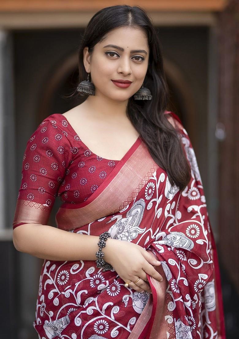 Red Printed Blended Saree Set - Indya