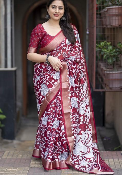 Red Printed Blended Saree Set