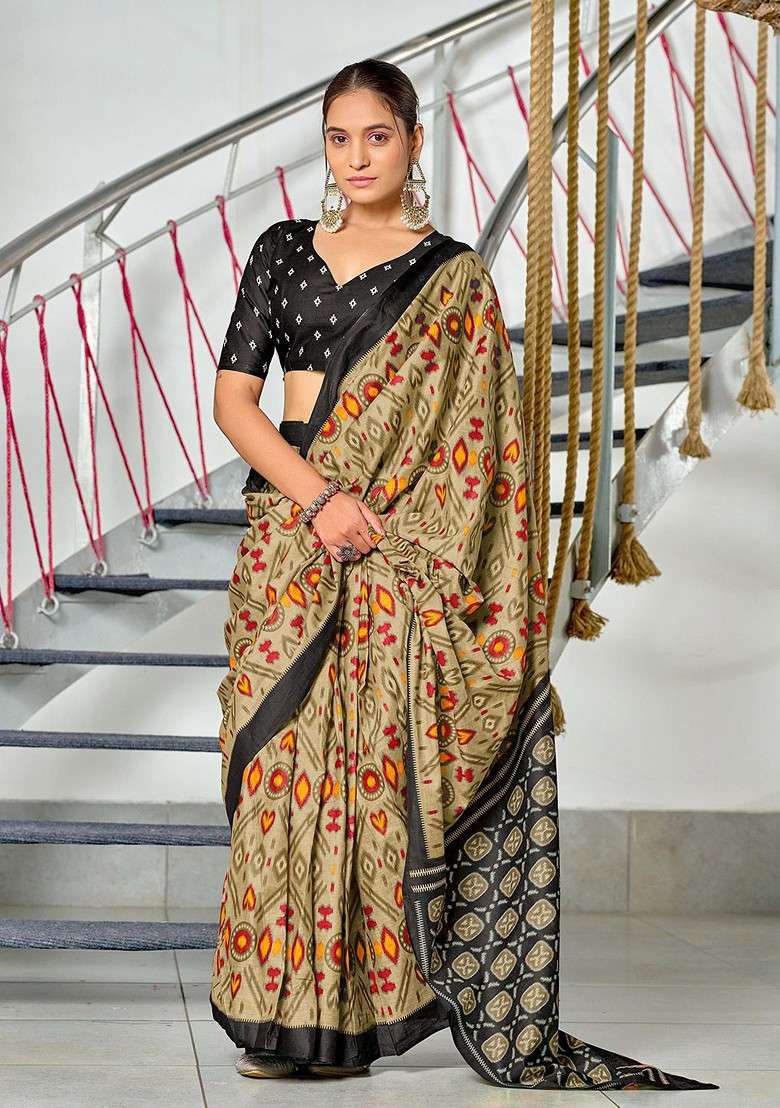 Beige Printed Blended Saree Set - Indya