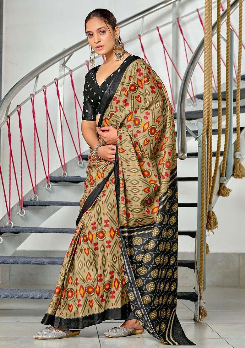 Beige Blended Saree Set with Printed for Diwali | Wedding & Festive Wear - Indya