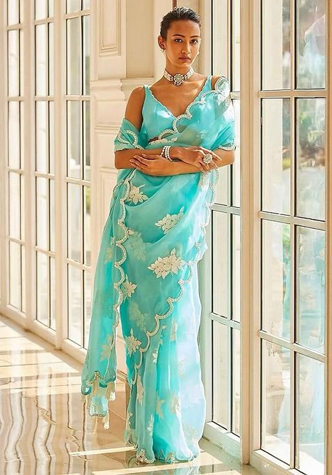 Blue Embellished Blended Saree Set