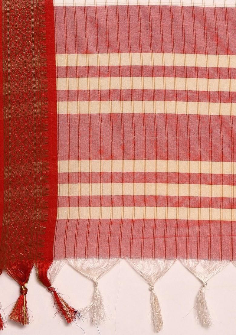 Red Zari Printed Blended Saree Set - Indya