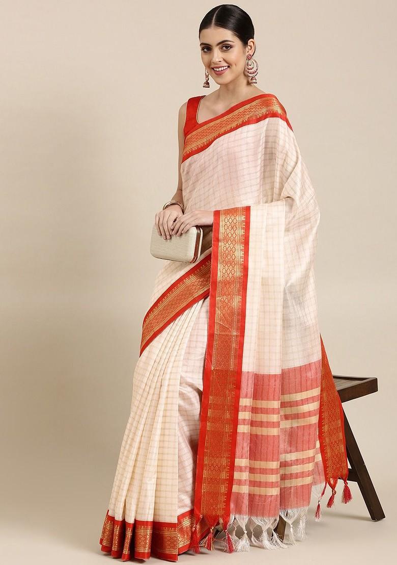 Red Zari Printed Blended Saree Set - Indya