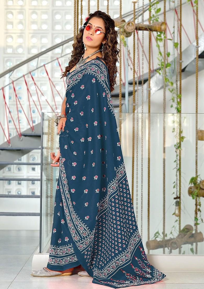 Teal Printed Blended Saree Set - Indya