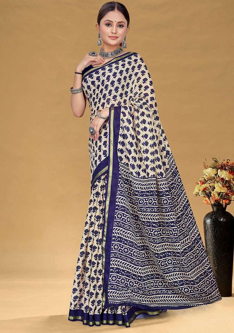 Cream Printed Blended Saree Set for Diwali and Festive Wear - Indya