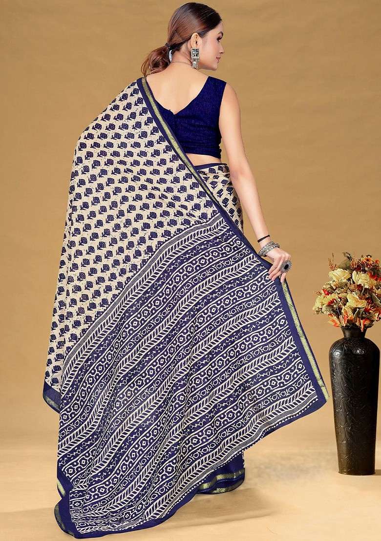Cream Printed Blended Saree Set - Indya