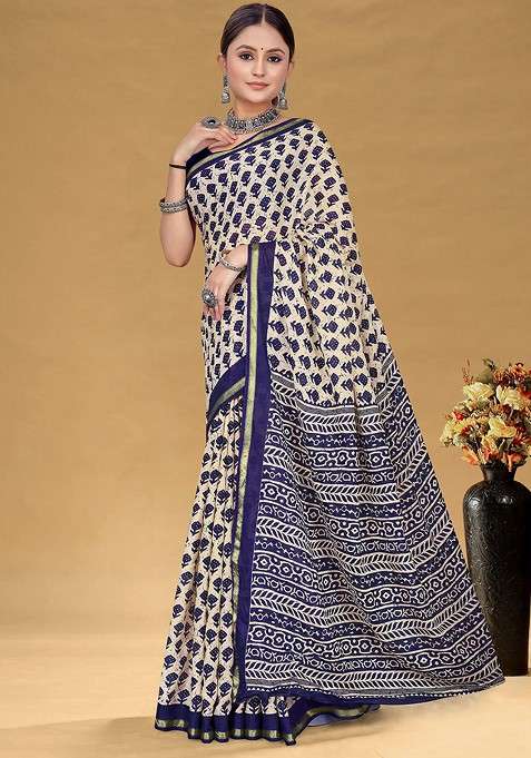 Cream Printed Blended Saree Set for Diwali and Festive Wear